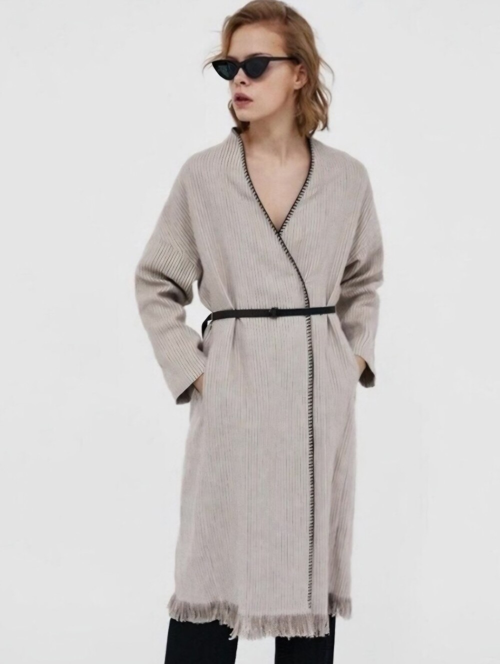 Zara Womens Beige Linen Striped Fringe Trim Hem Midi Duster Wrap Coat Size Large - Picture 3 of 15